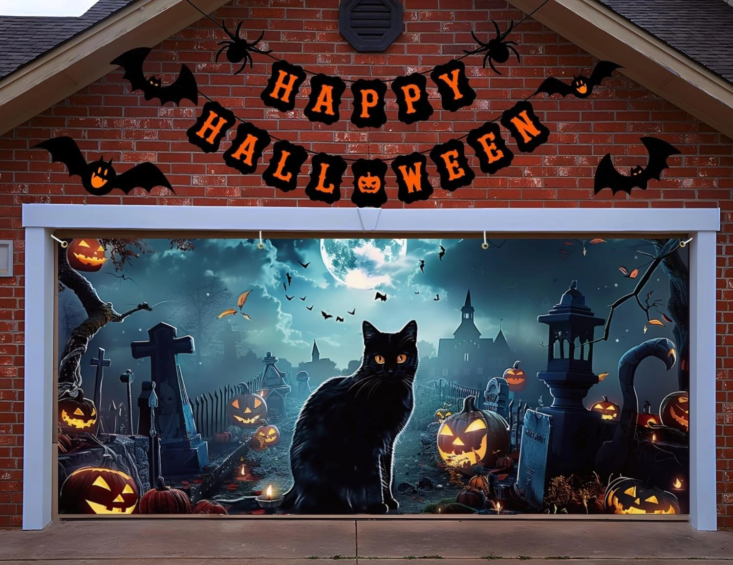 Cat Halloween Garage Door Banner Double Car Garage Decorative Hanging Door Cover