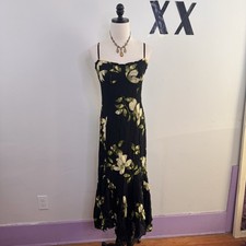 Reformation Aiko Black Floral Midi Slip Dress Mermaid Pleated Indie Fairy Luxe 6