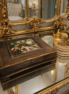 Vintage Florentine Style Rococo Pastoral Jewelry Box Gold Gilt Vanity Decor
