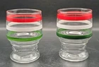 Vintage PAIR Anchor Hocking FIESTA Stripe Juice Glasses EUC Red Green Glass 3.5"