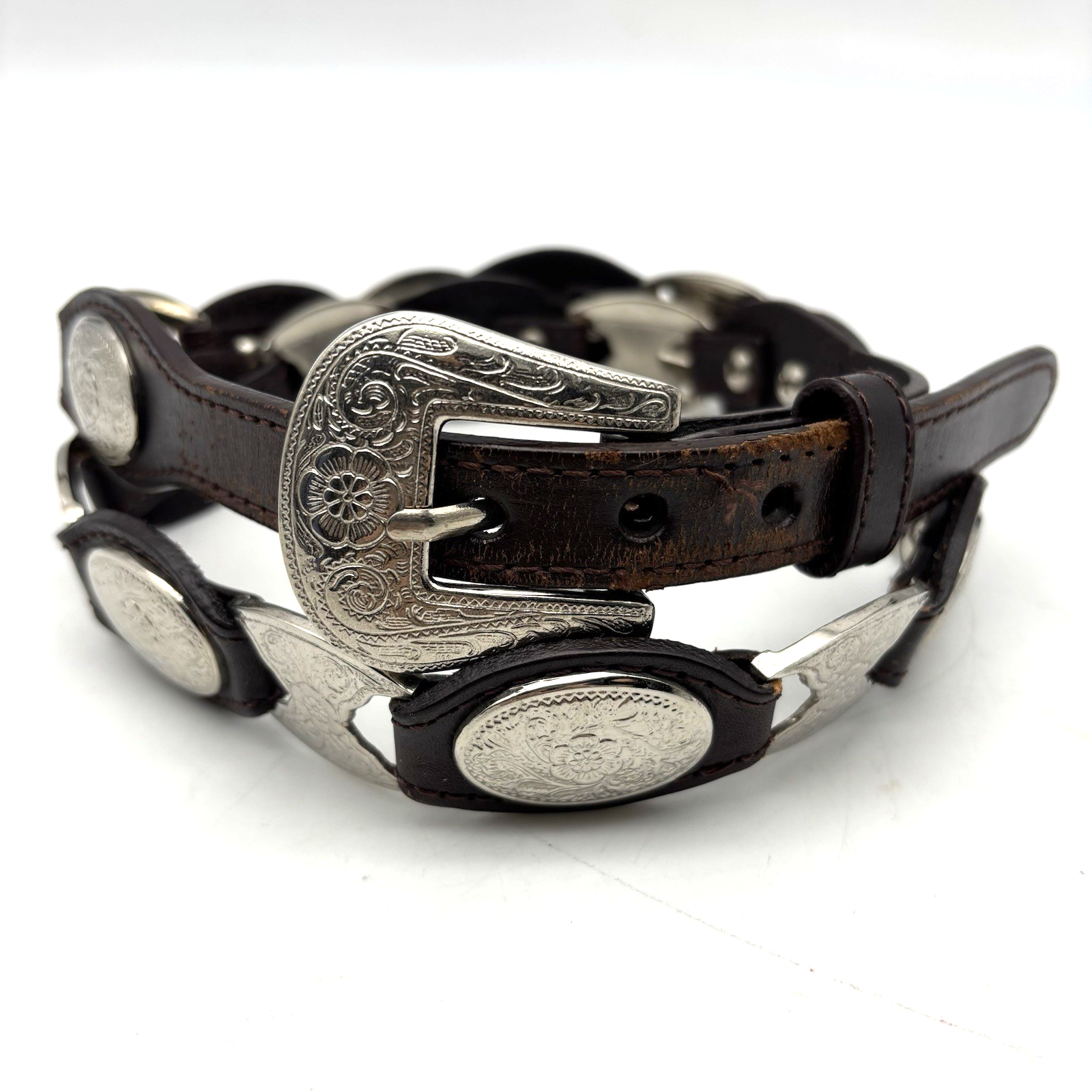 Vintage Brown Genuine Leather Silver-tone Daisy Concho Western Belt XL 35-38