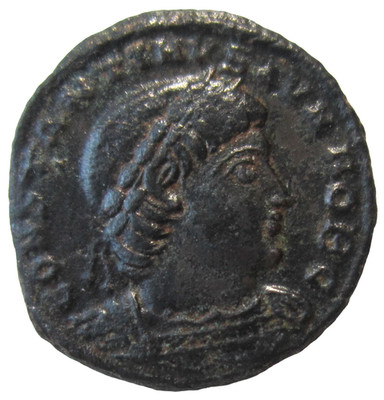CONSTANTINE II, AS CAESAR, 317-337 AD. AE FOLLIS , ANTIOCH.  TWO SOLDIERS REV.