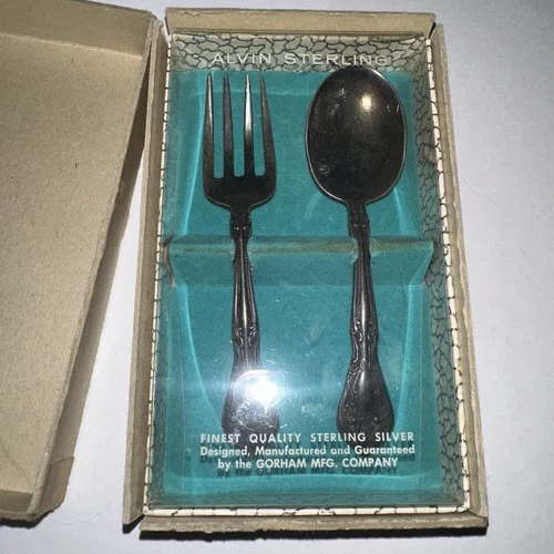 Vintage Alvin Sterling Silver Chateau Rose Baby Set Fork & Spoon - Original Box