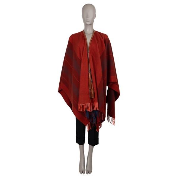 73329 authentische HERMES Rouge H rote Wolle ROCOBAR LEDERBESATZ PONCHO Jacke Einheitsgröße