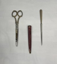 Antique Germany Letter Opener And Scissors In Decorated Leather Case