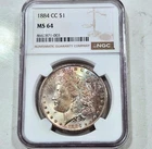 Rainbow Toned 1884-CC Morgan Dollar NGC MS64 | Carson Coin Mint Coin