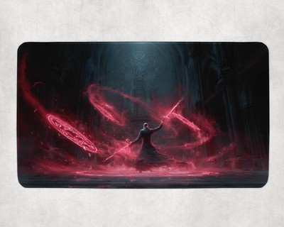 MTG Playmat - Dark Mage Casting Blood Runes | Red Gothic Fantasy Spell Mat TCG