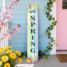 Vertical Wooden Hello Spring Porch Sign,Rustic Spring Porch Standing Pastel