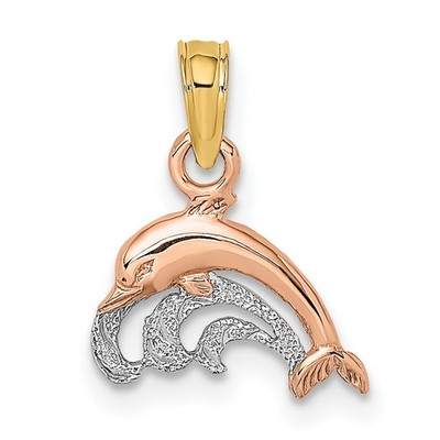 14k Bicolor Gold Delphin Anhänger Rose über weißem Ozean Welle Maritim Charm