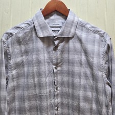 Calvin Klein Shirt Mens 16.5 34/35 Gray Plaid Slim Fit Stretch Dress Long Sleeve