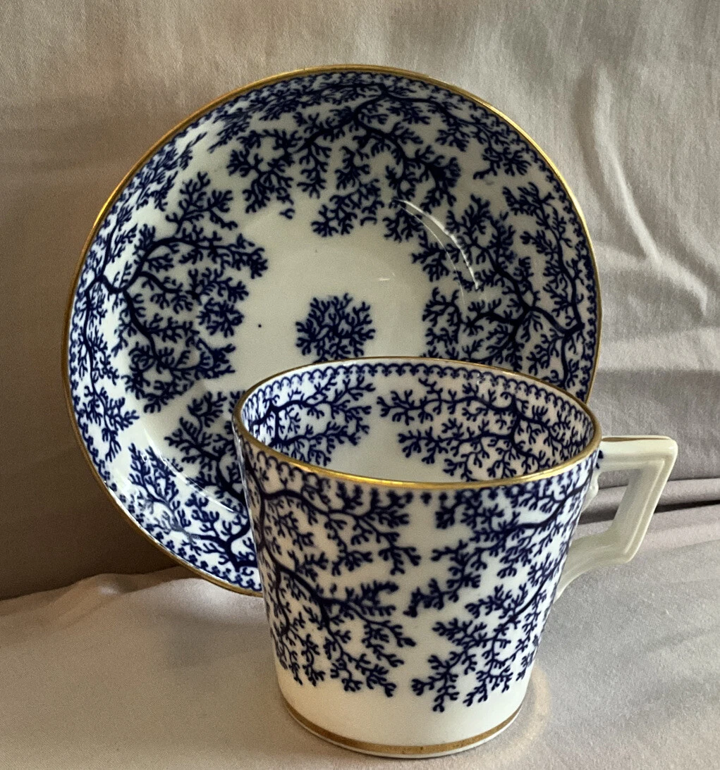19th Antique Minton Blue White Porcelain Cup & Saucer Seaweed Pattern