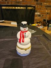 Vintage Procelain Ceramic Snowman Trinket Box Marked Year 2000 Inside Box 