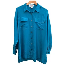 Venezia Blouse Womens 14/16 Blue 100% Silk Long Sleeve Top Button Up Coastal