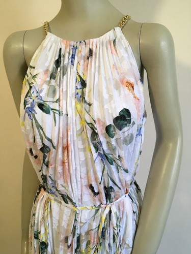 New TED BAKER VALETIA DIP HEM FLORAL GOLD ACCENTS MAXI BOHO DRESS SZ 3 UK 12 - Foto 3 di 13