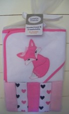 Girls Luvable Friends 6 Pc Pink White Fox Heart Hooded Towel  Wash Cloths Set