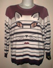 DG DIANE GILMAN HSN KITTY KAT FACE / STRIPED SWEATER MAUVE SIZE 1 X NWTS