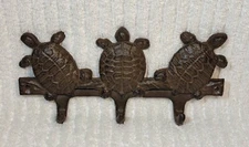 Turtle Cast Iron Rack Coat Hat Hooks Sealife Key 3 Turtles 7.5" Brown Wall 