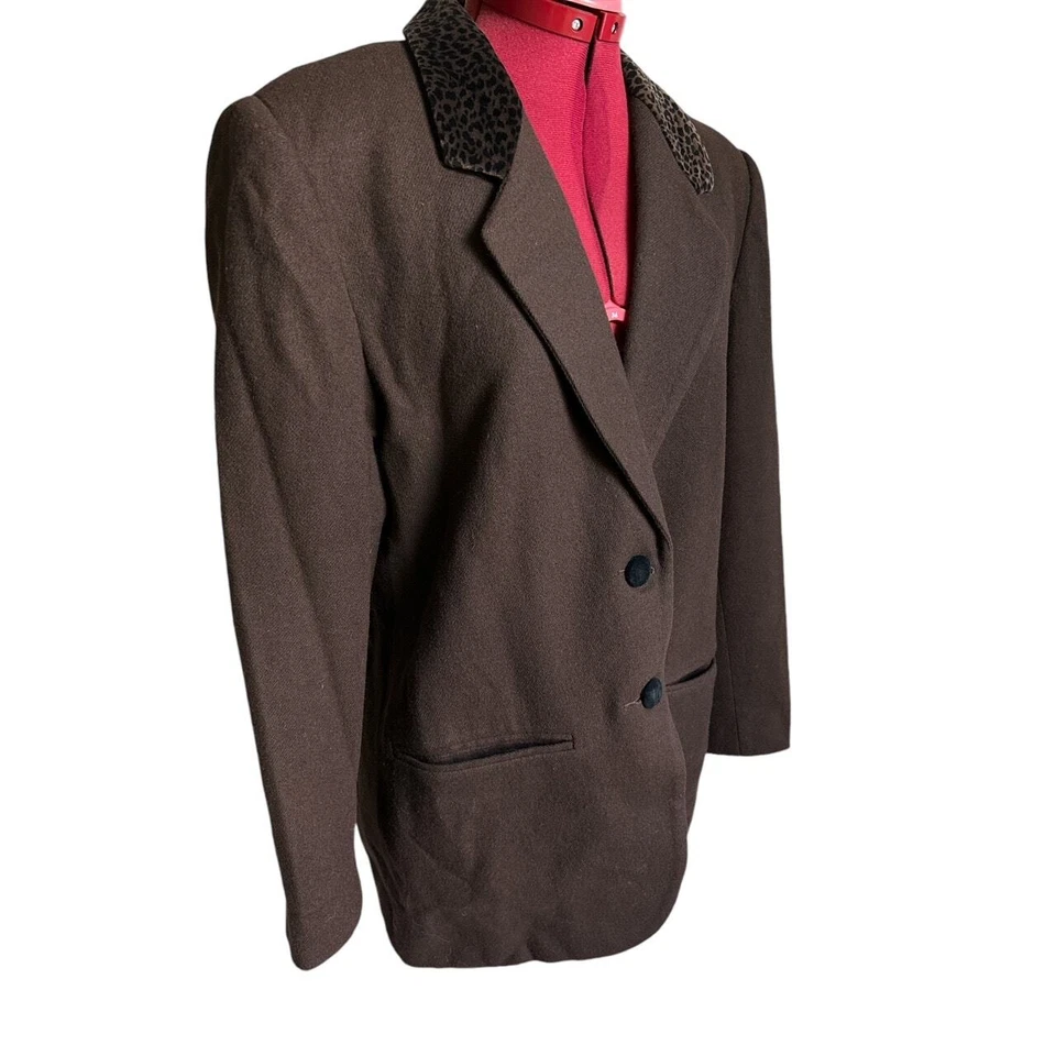 Blazer Marrón Vintage Casablanca Talla 10 100% Lana Estampado Animal Terciopelo Cuello Foto 2 de 4