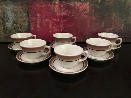 6 BUFFALO Oneida CHINA Cup & Saucer RESTAURANT WARE White Tan Brown Bands RARE - Picture 2 of 12