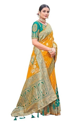 Women's adorable woven pattern Banarasi Silk saree With Unstitched Blouse Piece - Picture 5 of 6