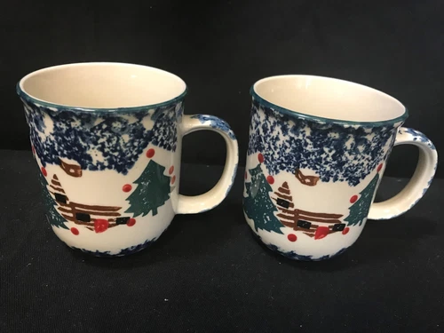 Set of 2 ~ Tienshan Folk Craft "CABIN in the SNOW" ~ Coffee / Tea Mugs ~ 4 3/4"