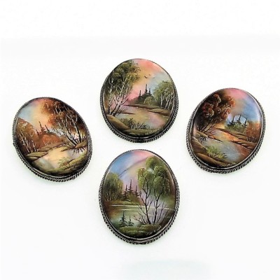 Brosche Perlmutt Miniatur lackiert Fedoskino handbemalt signiert Landschaft Herbst Brooch
