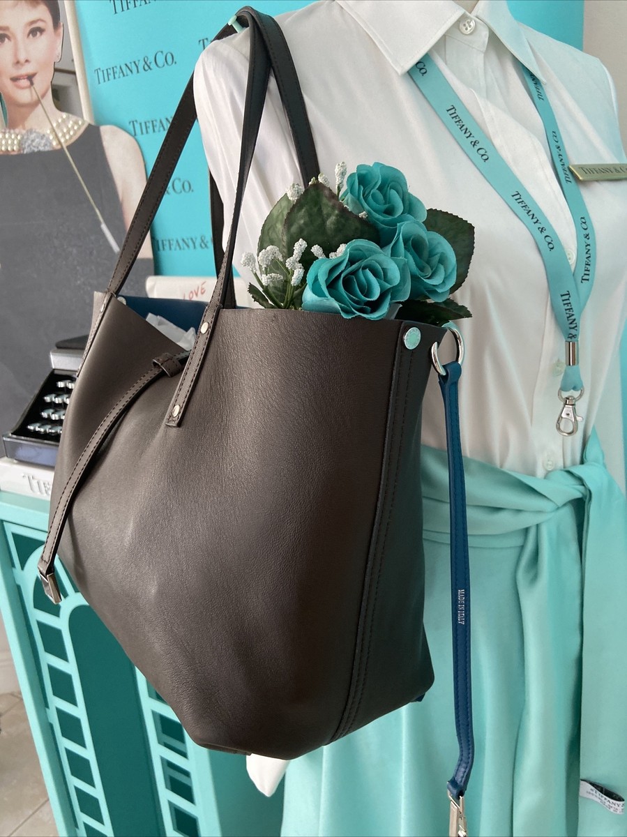 Tiffany&Co Blue Brown Tote Purse Calfskin Leather Cosmetic Pouch
