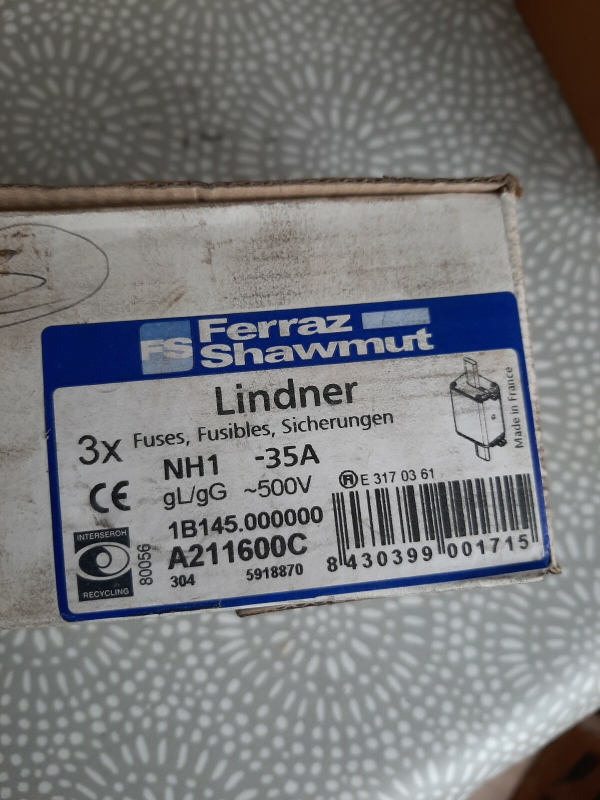FERRAZ SHAWMUT LINDNER 3X FUSE NH1- 35A GL/gG