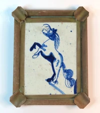 Antique Delft Blue Horse Tile Encased in Copper Frame Ashtray 3.75" x 4.75”