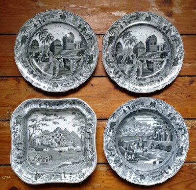 Four antique rare Spode black transfer printed Caramanian pearlware ...