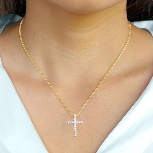 0.30 Ct Natural Diamond Cross Crucifix Pendant Necklace 14K Yellow Gold Plated - Picture 3 of 6
