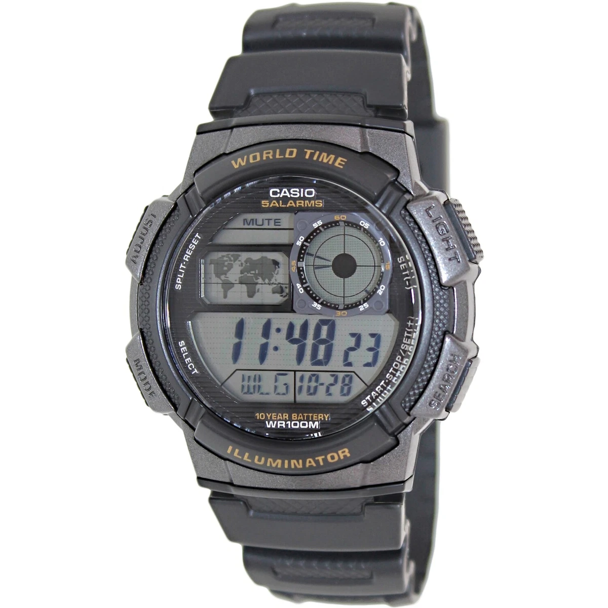 Casio World Time Illuminator Digital Watch 5 Alarms 48 Cities, AE1000W