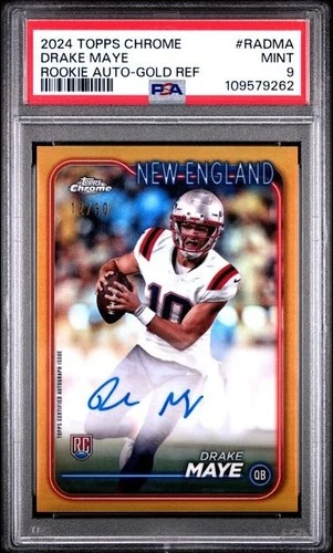 Drake Maye 2024 Topps Chrome Rookie Auto VARIATIONS Gold Refractor #/50 RC PSA 9