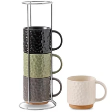 Ceramic Coffee Mug Set of 4, 16OZ Stackable Coffee Mug Set with Stainless Sta...