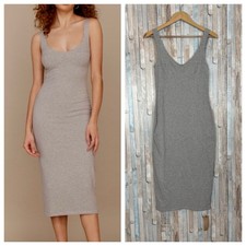 New Reformation S Organic Cotton Jersey Fitted Braun Midi Bodycon Dress Grey