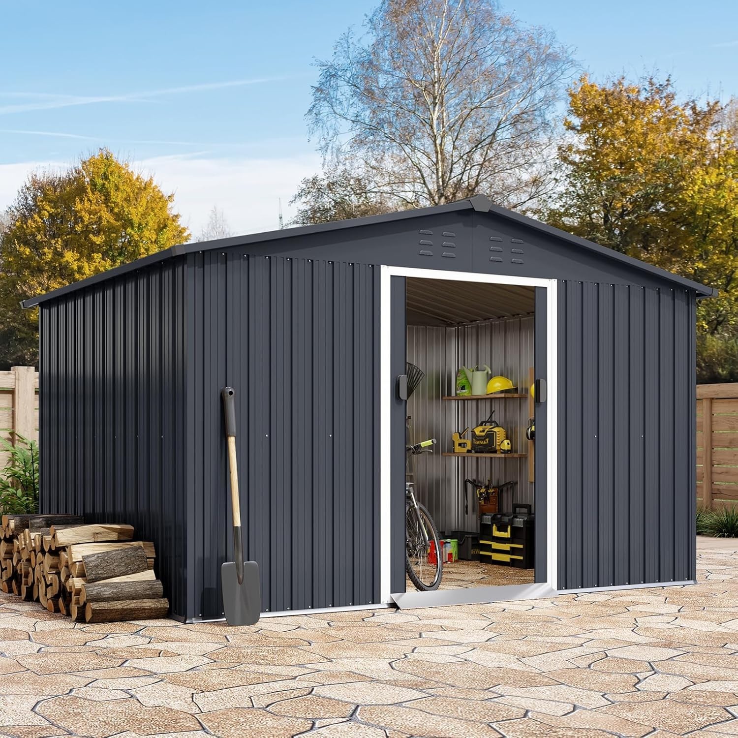 10x8FT Outdoor Steel Storage Shed, Brown, Sloped Roof,Lockable,Weather Resistant