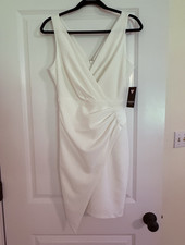 GUESS Ivory Ruched Sheath Knee Dress Sleeveless V-Neck Stretch Zip Sz 6