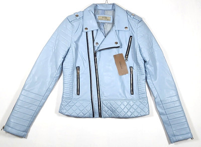 AFTF Basic Women's Light Blue Faux Leather Moto Biker Zippered Jacket - L