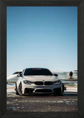 BMW M3 mit Privatjet Hintergrund gerahmtes Wandbild Poster Leinwanddruck Bild