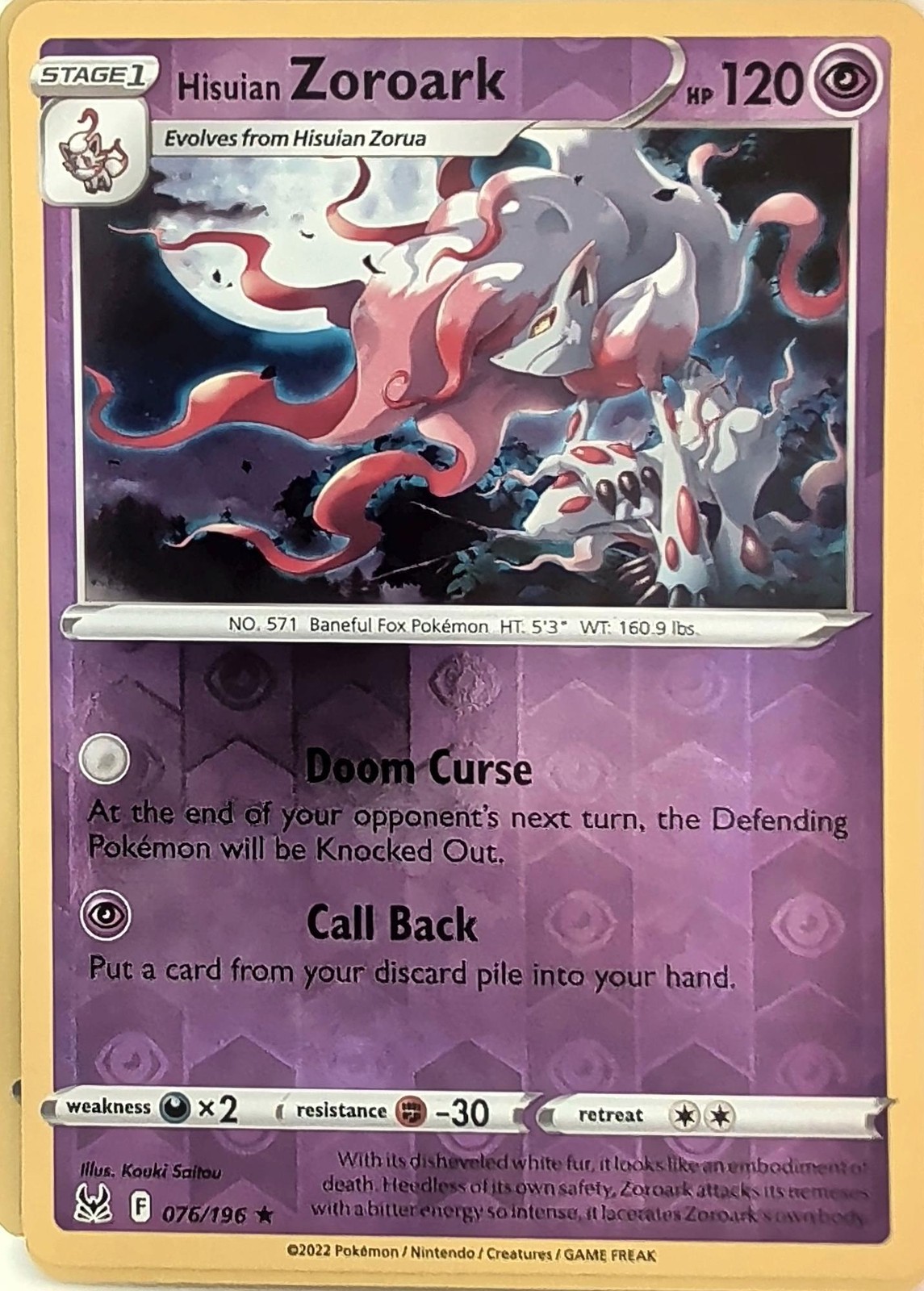 Hisuian Zoroark 076/196 Holo Rare Lost Origin Pokemon Reverse Holo Near Mint