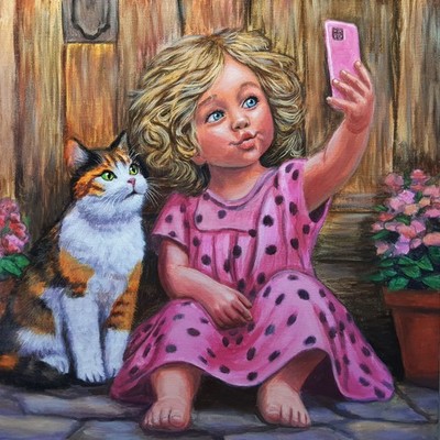 Original Acrylic Girl Cat Painting Funny Cute Selfie Children Humor Art 18x18