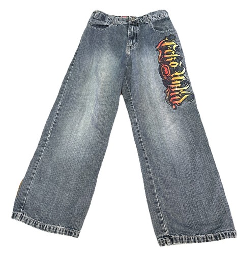 Vintage Y2K Ecko Unltd “Embroidered” Graphic Distressed Denim Jeans Boys Sz 12