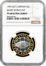 1999 £2 Silver Two Pound Proof Rugby World Cup NGC PF68 Great Britain Gilt