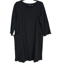 Susan Graver Weekend Black Terry Shift Dress M Fringed Patch Pocket