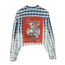 Custom Made Upcycled Reworked Reverse Dyed Plaid Cut off Button Up Shirt Cowboys