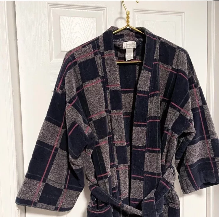 Peignoir vintage Christian Dior tissu éponge noir gris à carreaux taille unique années 90 unisexe