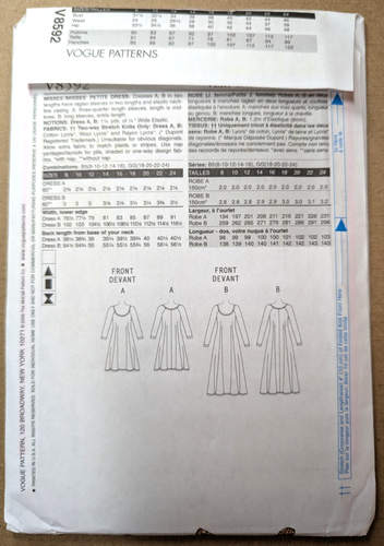 VOGUE 8592 Sz B5 8-16 Misses Petite Dress Raglan Sleeve VERY EASY Uncut - Picture 2 of 3