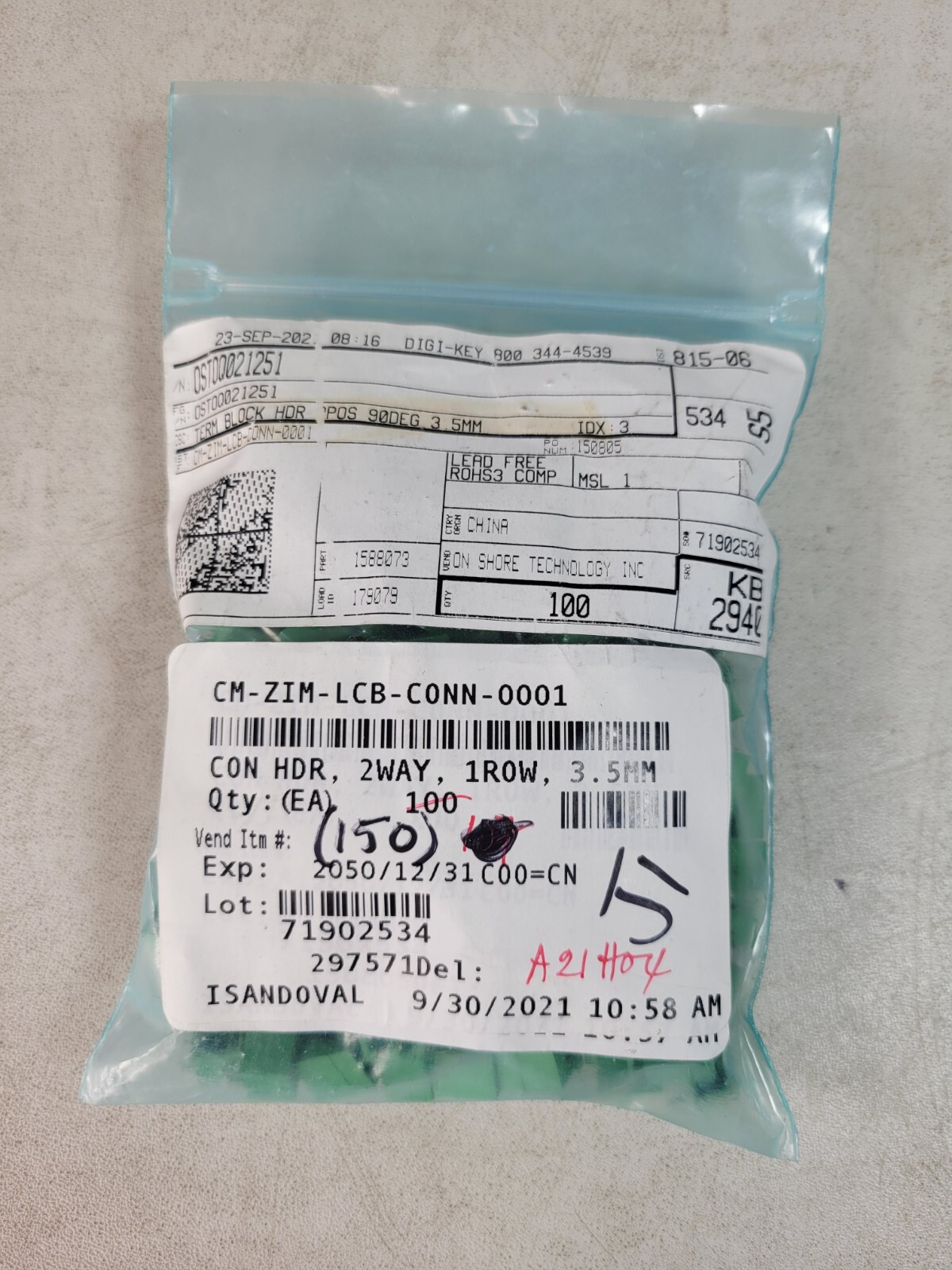 (150) OSTOQ021251 Terminal Block Header 2POS 90DEG 3.5MM, RoHS