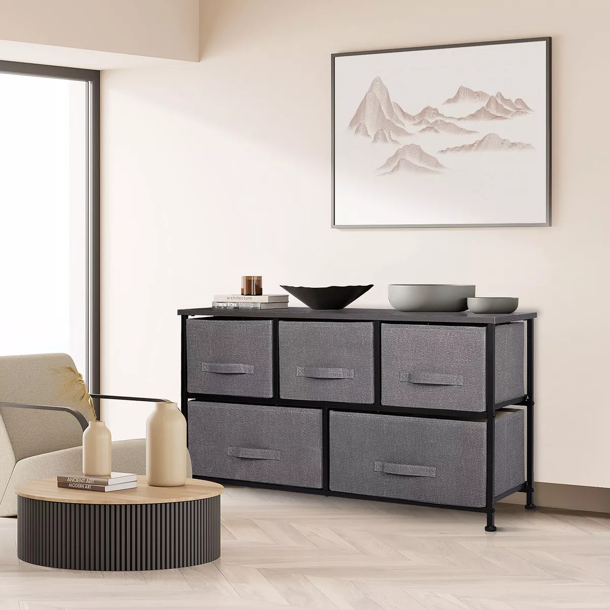 Wide Dresser Storage Tower 5 Drawers Bedroom Hallway Entryway