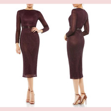NWT $398 Mac Duggal [ 10 ] Bugle Beaded Long Sleeve Midi Dress Abergine #Q487